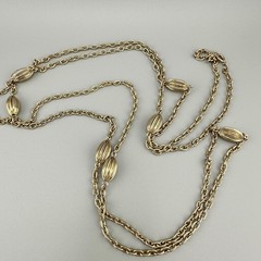 Vintage Flapper Chain Necklace Gold Tone Textured Cable Link Oval Station Bead