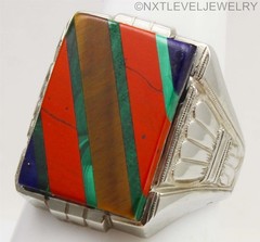 Antique Art Deco Lapis Malachite Multi Gemstone Inlay 10k Solid Gold Men’s Ring