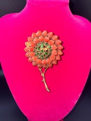 Florenza Brooch Pin Missing One Coral and One Green Rhinestone Vintage Jewelry