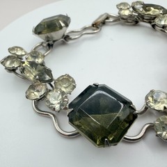 Vintage Silver Tone Chunky Rhinestone Bracelet Gray Emerald Cut Geometric Retro