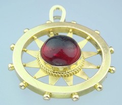 Fine Antique Victorian 15K Gold Red Paste Cabochon Nautical Compass Sun Pendant