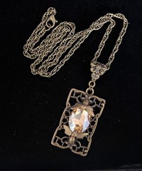 Honeybee Necklace Art Nouveau Brass Filigree Bee Pendant Champagne Rhinestone