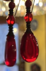 Vintage Red Glass Teardrop Cabochon & Faceted Dangle Drop Pierced Earrings