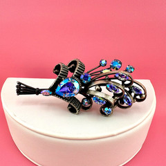 Vintage Rhinestone Brooch Aqua Blue Aurora Borealis Floral Bouquet Pot Metal?