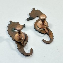 Copper Enamel Seahorse Earrings Vintage Artisan Blue Screw Back 1.5″