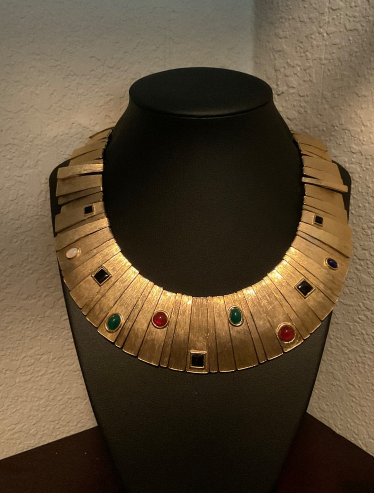 Les Bernard Jeweled Cabochon Egyptian Inspired Gold-Tone Finish Collar Necklace