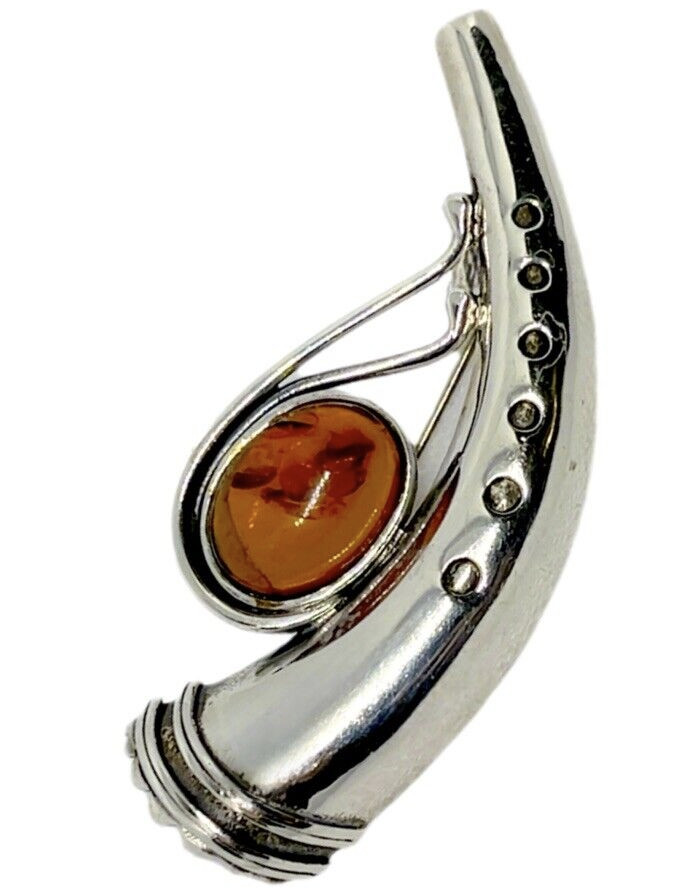 Estate 925 Sterling Silver Amber Scottish Horn Brooch/Pin