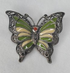 Vintage Sterling Silver Butterfly Brooch Green Yellow Enamel Wings Figural Pin