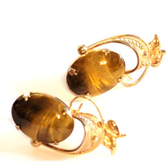 1/20 Gold Filled Tiger Eye Clip-On Earrings Vintage Floral Filigree 1.25″ bc-46