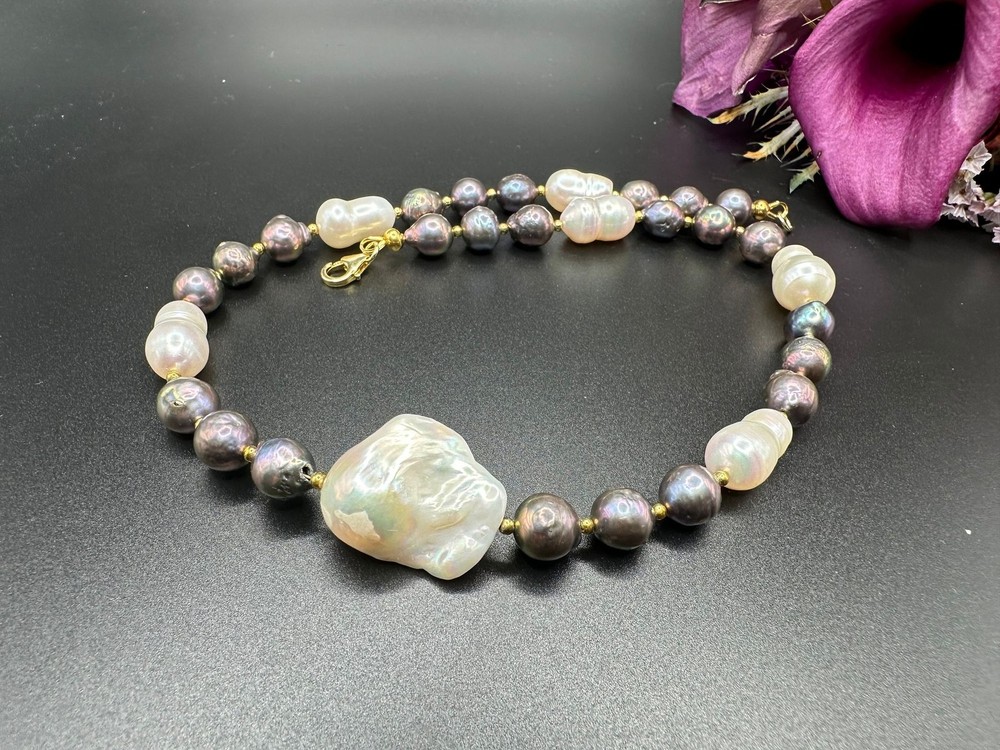White and black mixed Edison pearl choker, 925 sterling silver gold plated