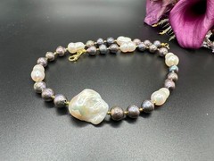 White and black mixed Edison pearl choker, 925 sterling silver gold plated