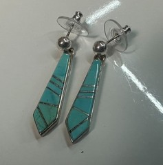 Calvin Begay Turquoise Inlay Dangle Earrings Native American Sterling Silver #8