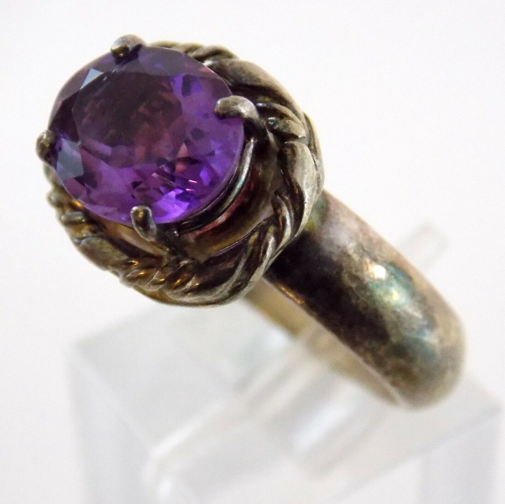 Sterling Silver Oval Cut Amethyst Ring 925 Braid Edge Motif Size 8.25 7.8g