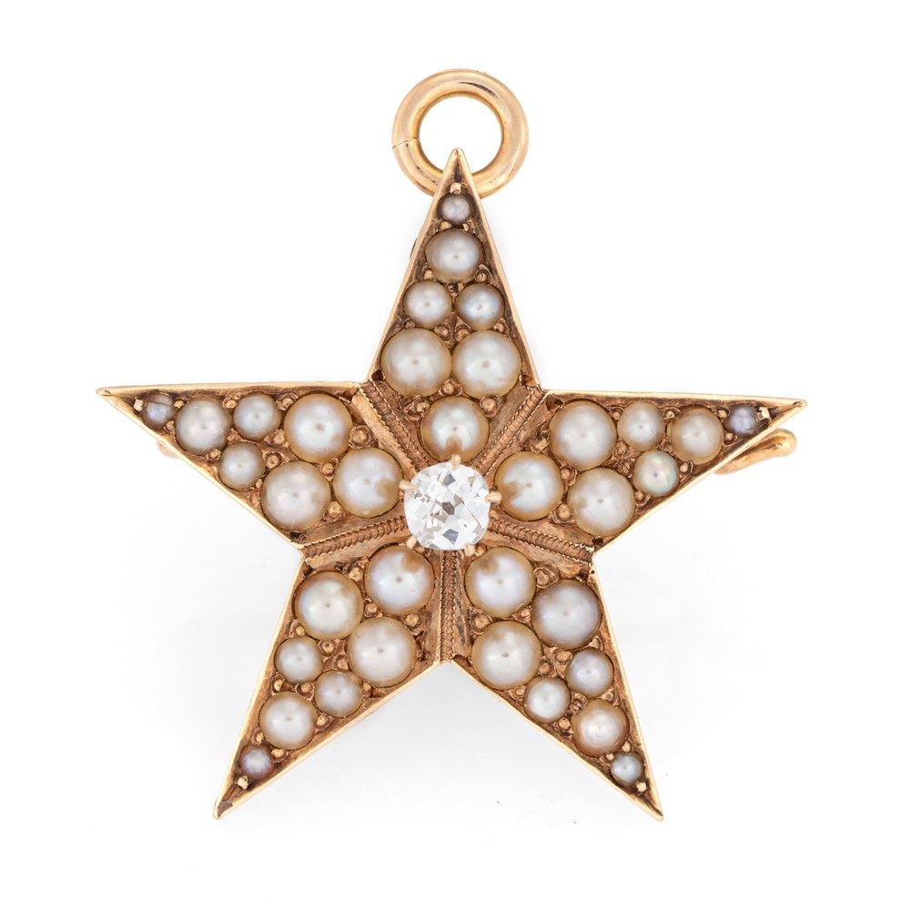 Antique Victorian Diamond Pearl Star Pendant 14k Rose Gold Brooch Jewelry