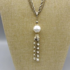 Vintage Tassel Necklace MCM Simulated Pearl Gold Tone 22 Inch