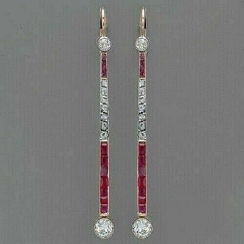 2.25Ct Art Deco Style Lab Created Diamond & Ruby Engagement 14K Gold FN Earrings