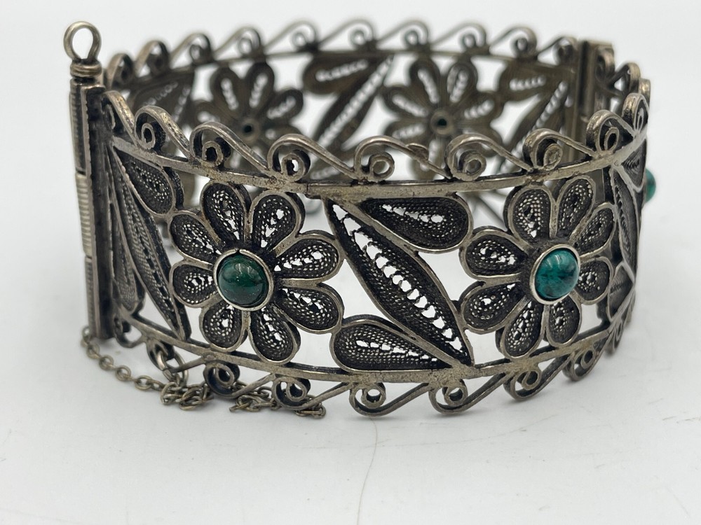 Rare Judaica 925 silver filigree bracelet set with King Solomon Eilat stones
