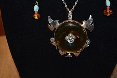 ONE OF A KIND, CUSTOM MADE .925 STERLING SILVER AND AMBER NECKLACE AND EARINGS.