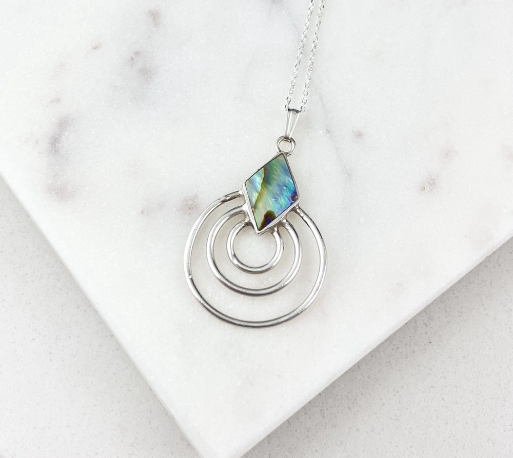 Vintage 925 Sterling Silver Abalone Boho Circle Charm Pendant Necklace 18”