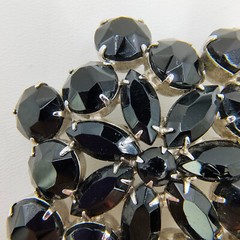 Vintage Black Glass Rhinestone Flower Brooch Pin Silver Tone Art Deco Style