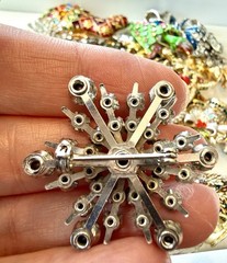 Vintage Blue Rhinestone Snowflake Brooch Prong Set Silver Tone 1.5” Pin