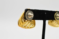 TAT Vintage Earrings Gold Black Off White Enamel Pierced Signed NOS 1980s