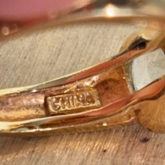 Gold Tone Costume Ring w Channel Set Blue Stones, China Sz 8.75