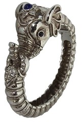 KJL Elephant Crystal & Cabochon Bead Hinged Bangle Bracelet Silvertone Signed