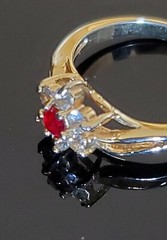 Vintage Good Quality Gold Tone Ring With Red Ruby Imitation & Clear CZ US Size 8