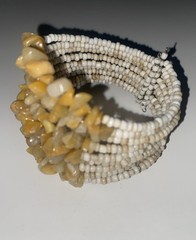 Vintage Tan Stone And White Beaded Layered Stretch Cuff Bracelet