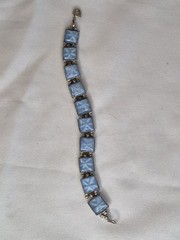 Blue Opaline Star Czech Glass Bracelet Square Silvertone Link 7 Inches Vintage