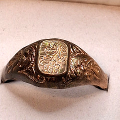 Antique Edwardian Gold Tone Shield Signet Ring Botanical Floral Crest Size 10