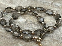 Vintage Faceted Smoky Quartz Topaz Beaded Necklace w/ Filigree 14K Gold Clasp