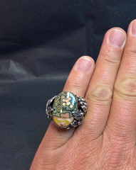 1970 Art Sterling Silver Ring Orbicular Ocean Jasper Grapevine Adjustable 8-10