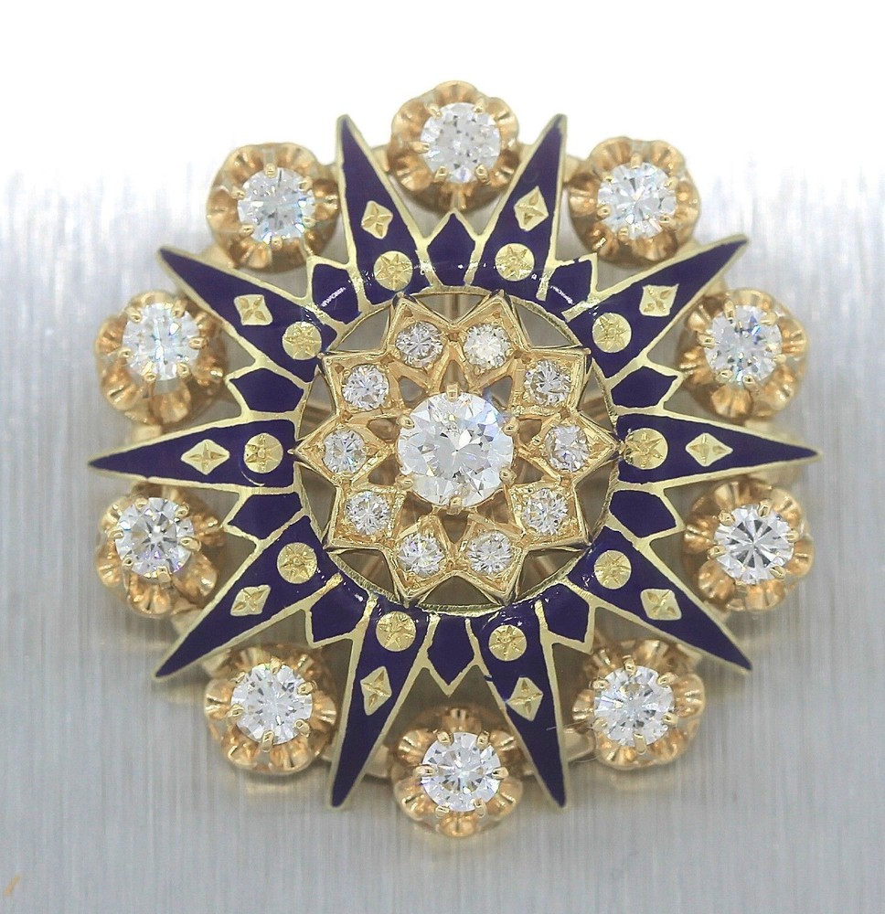 Elegant Ladies Antique 14K Yellow Gold 2.25ctw Diamond Blue Enamel Brooch Pin