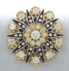 Elegant Ladies Antique 14K Yellow Gold 2.25ctw Diamond Blue Enamel Brooch Pin