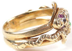 Vintage 14K Rose Gold Double Serpent Ring Diamond Natural Jade & Ruby Eyes Deco