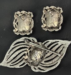 Vintage Brooch Earrings Set Pierced Pink Rhinestone Leaf Flowers Open Work.