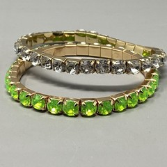 Rhinestone Stretch Bracelet Lime Green Clear Acrylic Prong Set Gold Tone 7″