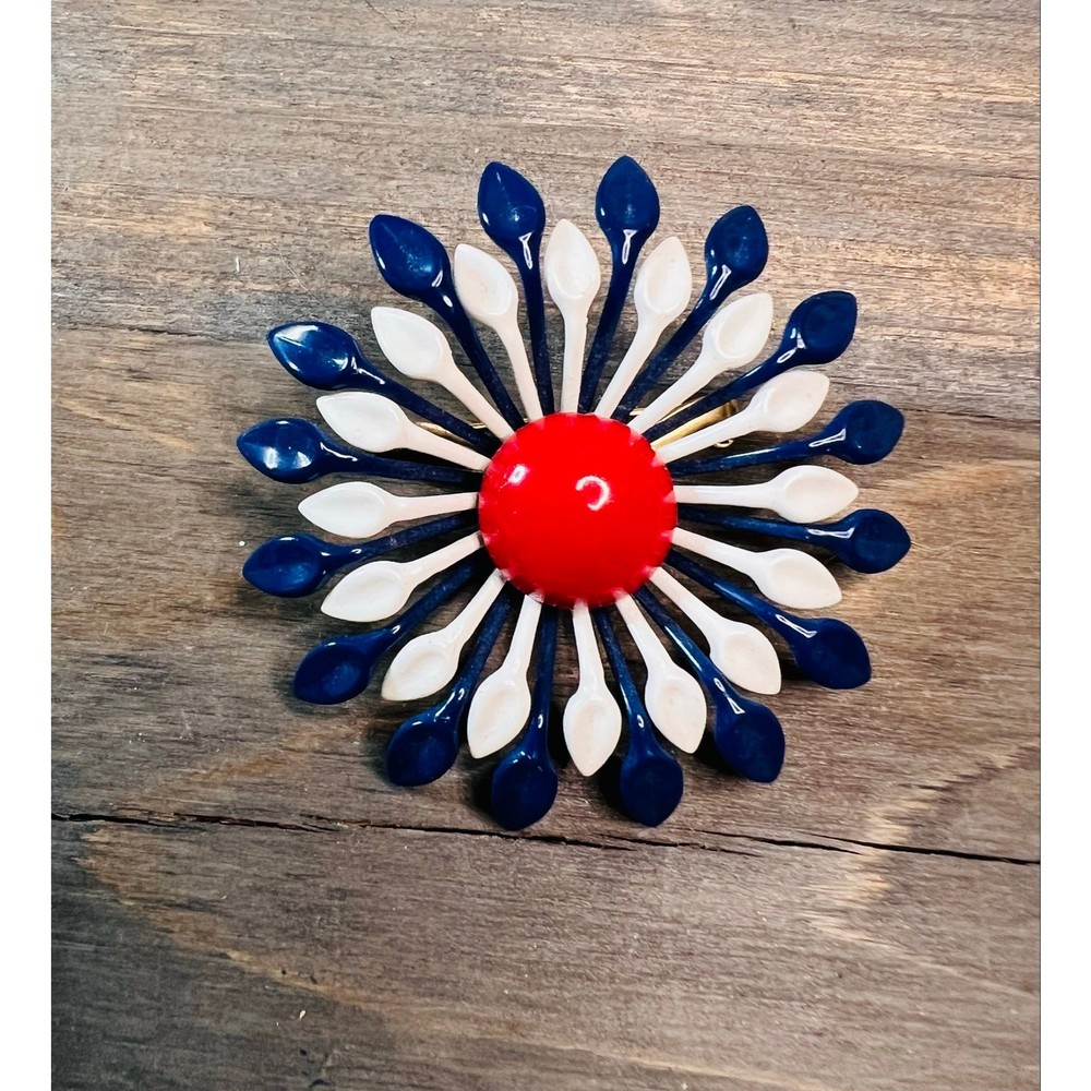 Vintage 1960s red, white, and blue enamel flower brooch