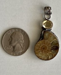 Ammonite Fossil Gemstone Bezel Set 1.75” Pendant 925 Sterling Silver 9.45g Vtg.