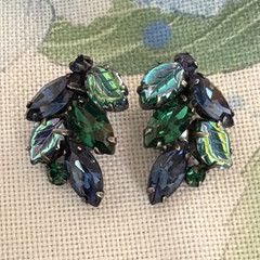 Vintage 1960’s Leaf Cluster Rhinestone Clip-On Earrings Green Blue Marquise
