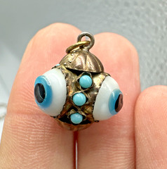 Vtg Victorian? Triple Evil Eye Blown Glass Gilted Brass Pendant Good Luck Amulet