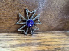 Vintage Signed Edlee Rivoli Purple Rhinestone Maltese Cross Brooch Etruscan