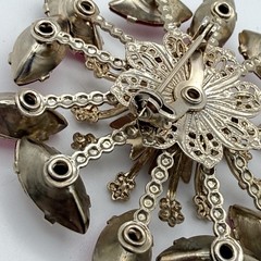 Vintage Brooch Red Pink Magenta Marquise Rhinestone Starburst Filigree Pin 2.5″