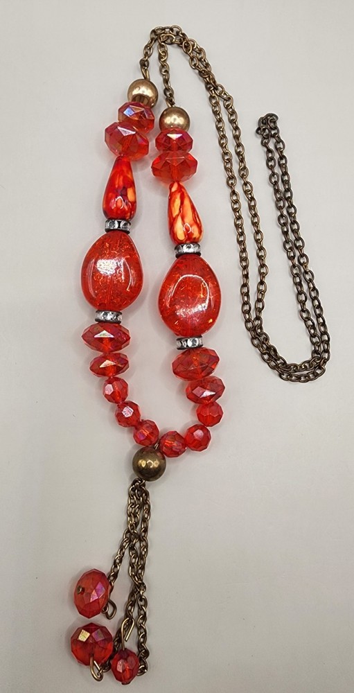 VTG 70s 80s Red Orange Acrylic Bead Statement Necklace Long Claspless 30″ Tassel