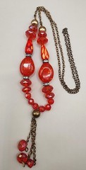 VTG 70s 80s Red Orange Acrylic Bead Statement Necklace Long Claspless 30″ Tassel