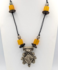 Vintage Coptic Amber Tribal Necklace Yellow Boho Moroccan Berber Amulet Pendant