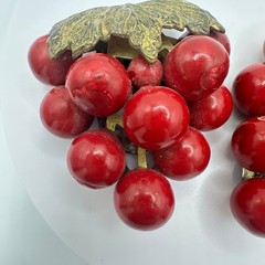 Vintage antique set 2 gold tone brass red plastic enameled grapes dress clips