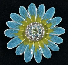 VTG Teal Blue & Green Enamel Daisy Brooch Rhinestone Center Flower Pin